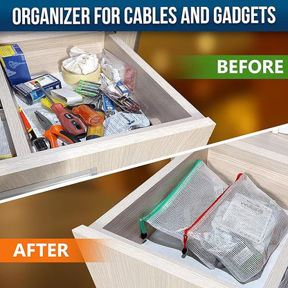 16 Pack Assorted Sizes Plastic Mesh Zipper Pouches for Storage & Organize Board Games - Puzzles - Documents - Bills - School and Office Supplies - Travel - Makeup - Multisize Mesh Zipper Pouch