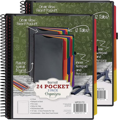 Samsill 2 Pack Deluxe 24 Pocket Spiral Project Organizer with Refillable Notepad, Customizable Front Cover, 12 Dividers with Erasable Write-On Tabs in Assorted Colors, Plastic Folders with Pockets