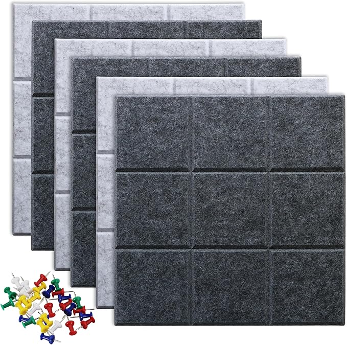 Large 11.8"x11.8" Felt Board Tiles for Wall with 30 Push Pins, Pack of 6 Pin Board Notice Boards for Home Office Kitchen, Bulletin Board Wall Tiles for Photos Memos
