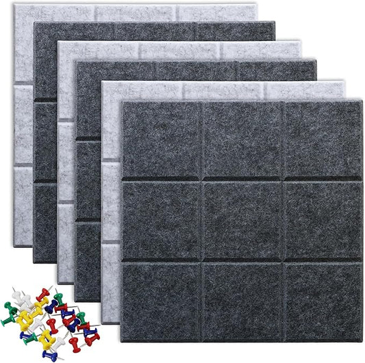 Large 11.8"x11.8" Felt Board Tiles for Wall with 30 Push Pins, Pack of 6 Pin Board Notice Boards for Home Office Kitchen, Bulletin Board Wall Tiles for Photos Memos