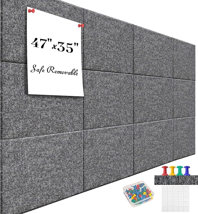 Large Office Cork Board Alternative - 47"x35"12 Pack Felt Wall Tiles Self-Adhesive Safe Removable No Damage for Wall Pin Board Tack Board Felt Cork Board for Walls or Office 48 x 36-Charcoal Grey