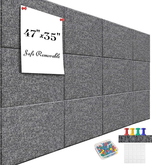 Large Office Cork Board Alternative - 47"x35"12 Pack Felt Wall Tiles Self-Adhesive Safe Removable No Damage for Wall Pin Board Tack Board Felt Cork Board for Walls or Office 48 x 36-Charcoal Grey