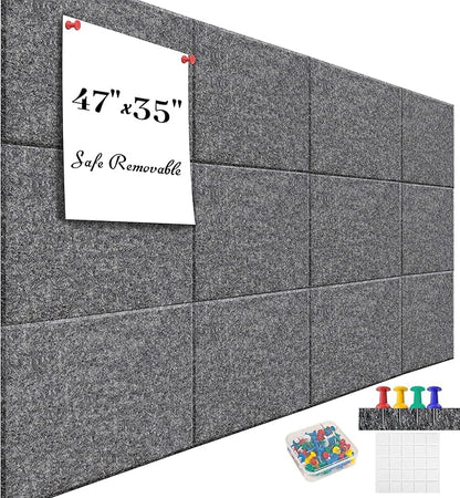 Large Office Cork Board Alternative - 47"x35"12 Pack Felt Wall Tiles Self-Adhesive Safe Removable No Damage for Wall Pin Board Tack Board Felt Cork Board for Walls or Office 48 x 36-Charcoal Grey