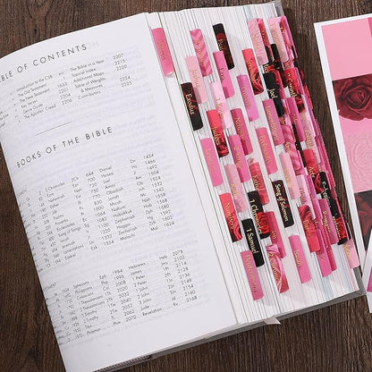 Thinkor Laminated & Reposition Bible Tabs, Gold Foil Pink Rose, Large Print Christian Gift for Women, Easy to Read and Apply Bible Journaling Tabs (Gold Pink Rose)