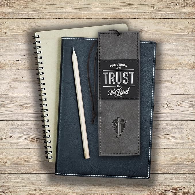 Christian Art Gifts Black Charcoal Gray Faux Leather Bookmark for Men: Trust in the Lord - Proverbs 3:5 Inspiring Bible Verse, Heat-debossed w/Silver Foil Accents Cross, Shield and Sturdy Leather Cord
