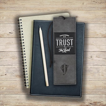Christian Art Gifts Black Charcoal Gray Faux Leather Bookmark for Men: Trust in the Lord - Proverbs 3:5 Inspiring Bible Verse, Heat-debossed w/Silver Foil Accents Cross, Shield and Sturdy Leather Cord
