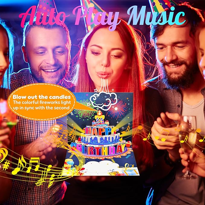 Birthday Cards, Pop Up Firework Birthday Cards, Musical and LED Lights Happy Birthday Card with Blowable Birthday Cake, Happy Birthday Gift Card for Mom Women Men Dad Kids Husband Wife