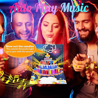 Birthday Cards, Pop Up Firework Birthday Cards, Musical and LED Lights Happy Birthday Card with Blowable Birthday Cake, Happy Birthday Gift Card for Mom Women Men Dad Kids Husband Wife