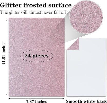 24 Sheets Pink Glitter Cardstock Paper, A4 Premium Sparkly Paper for Scrapbook, DIY Projects, Party Decoration, Gift Box Wrapping 250GSM/92lb