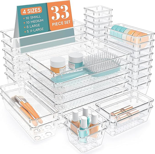 33 PCS Clear Plastic Drawer Organizers Set, 4 Size Desk Drawer Organizer Trays for Makeup, Jewelry, Kitchen Utensils, Gadgets and Office Accessories