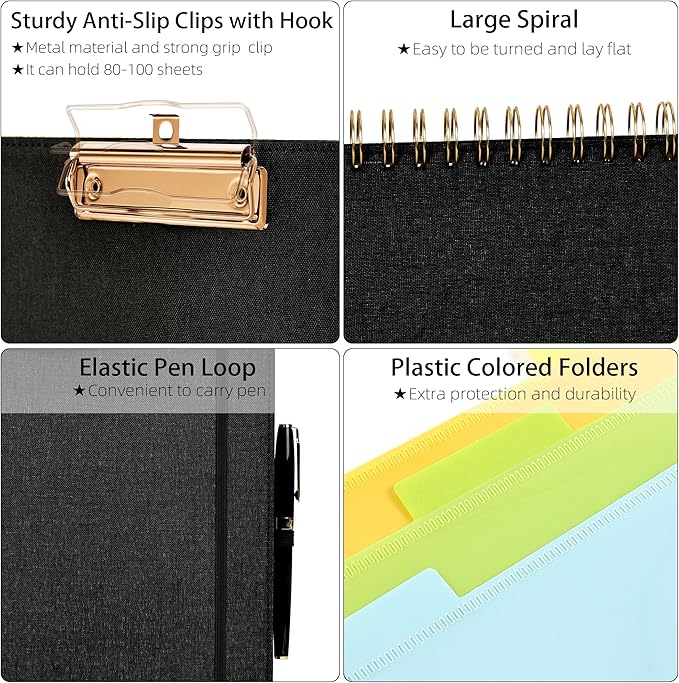 Ospelelf Black Foldable Spiral Clipboard Folio with Storage Zipper Pouch, 5 Plastic Folders with 10 Pockets,Refillable Lined Notepad (11" x 8.5"), Hardcover Project Organizer with 39 Stickers