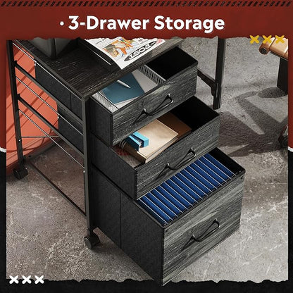 DEVAISE Mobile File Cabinet, Rolling Printer Stand with 3 Drawers, Fabric Vertical Filing Cabinet fits A4 or Letter Size for Home Office, Charcoal Black Wood Grain Print