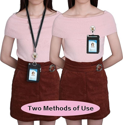 Cute ID Badge Holder Retractable Lanyard Reel Clip with Heavy Duty Carabiner, 5 Card Slots in 2 Sided with Key Ring and Zipper for Women Students Teens Girls Office Staff