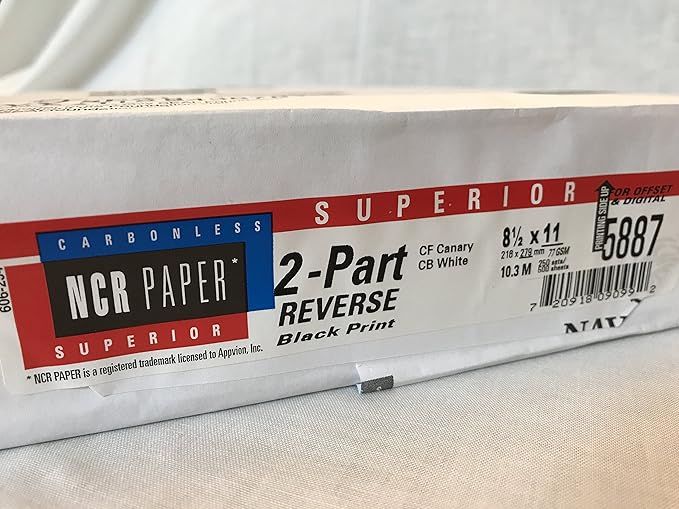 250 Sets, NCR Paper, 5887, Collated 2 Part (White, Canary), Letter Size Carbonless Paper Appleton