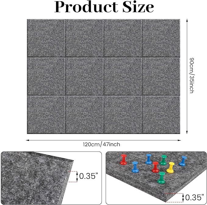 Large Office Cork Board Alternative - 47"x35"12 Pack Felt Wall Tiles Self-Adhesive Safe Removable No Damage for Wall Pin Board Tack Board Felt Cork Board for Walls or Office 48 x 36-Charcoal Grey