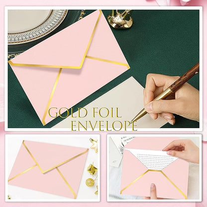 60 Pack Gold Envelopes 5x7 Bulk Pink, 250G Pearled Cardstock A7 Envelopes for Invitations Business Mailing Envelope with Gold Foil Border, A6 4x6 Envelopes for Wedding Baby Shower Cards