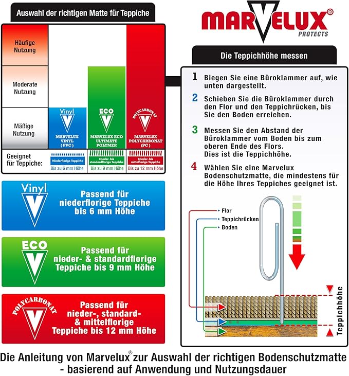 Marvelux Office Chair Mat for Low Pile Carpets 30" x 48” Clear Vinyl Protector Mat for Under Desks, Rectangular PVC Carpeted Floor Mat for Gaming Chairs and Computer Desks, Shipped Flat