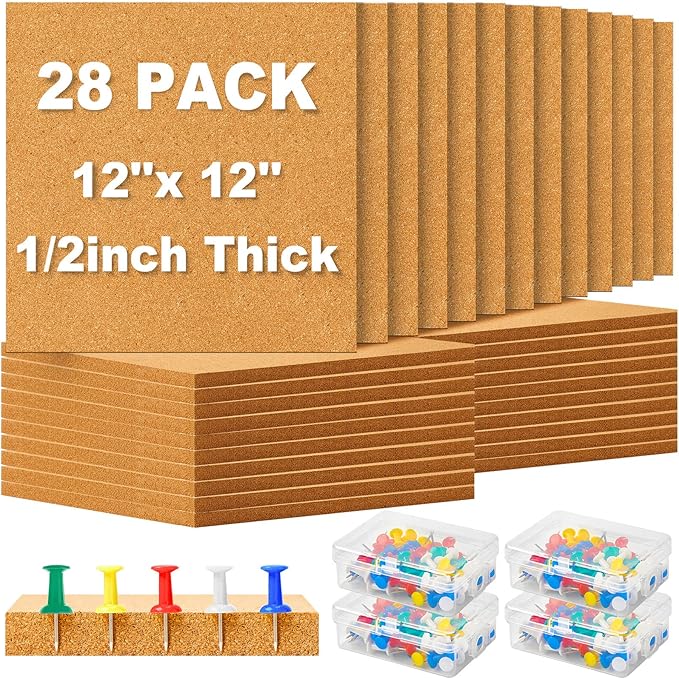 Cork Board Tiles 12 x 12 in 0.5 in Thick Square Bulletin Boards Cork Tiles Bulk with Push Pins Mini Natural Self Adhesive Backing Corkboards for Wall Home Office Floor DIY(28 Pcs)