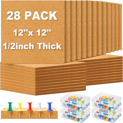 Cork Board Tiles 12 x 12 in 0.5 in Thick Square Bulletin Boards Cork Tiles Bulk with Push Pins Mini Natural Self Adhesive Backing Corkboards for Wall Home Office Floor DIY(28 Pcs)