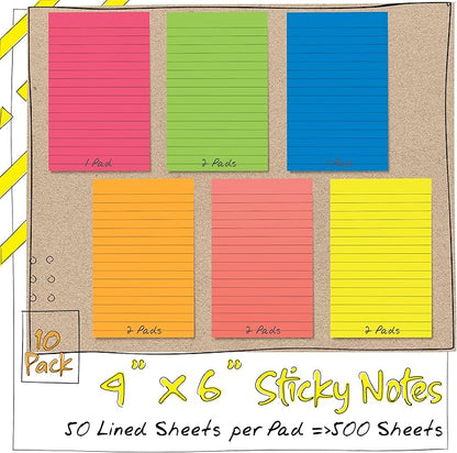 Better Office Products Lined Sticky Notes, 4 x 6, 10 Pack, 500 Sheets (50/Pad), Self Stick Notes with Lines, 6 Bright Assorted Colors, Post Memos, Strong Adhesive, 10 Pads