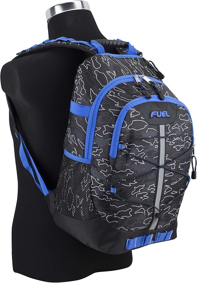 FUEL Hiking Backpack for Women Men Terra Sport, Travel, College, Gym, Work with Laptop Sleeve, Bungee, 18 Inches, Blue Camo