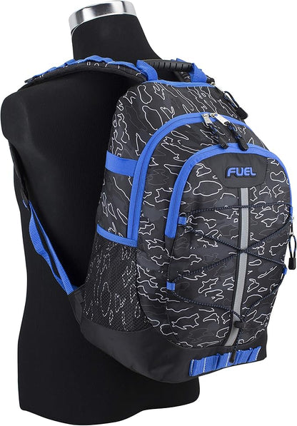 FUEL Hiking Backpack for Women Men Terra Sport, Travel, College, Gym, Work with Laptop Sleeve, Bungee, 18 Inches, Blue Camo