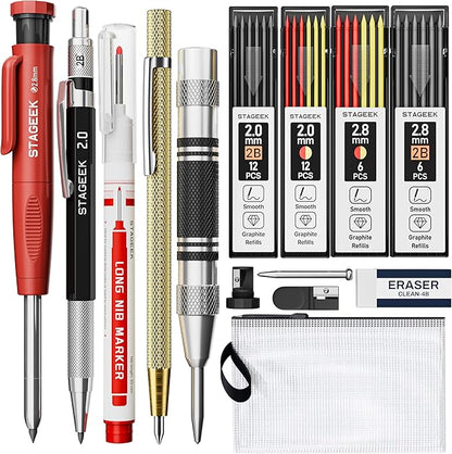 14 Pack Mechanical Carpenter Pencil Set with Sharpener 38 Refills, Automatic Center Punch, Carbide Scribe Tool, Eraser and Deep Hole Marker Pen, Heavy Duty Construction Pencil for Architect-With Pouch