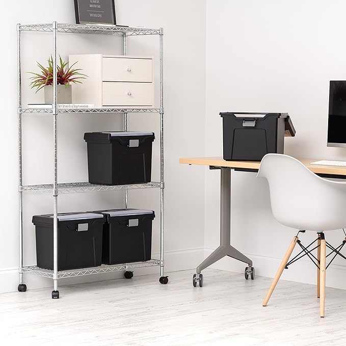 IRIS USA File Box with Lid File Organizer for Letter File w/ Organizer-Lid, Water Resistant Document Box, Plastic Mobile Filing Organizer, Secure Buckle, Portable Handle, Lockable, Black 4 Pack