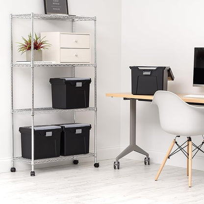 IRIS USA File Box with Lid File Organizer for Letter File w/ Organizer-Lid, Water Resistant Document Box, Plastic Mobile Filing Organizer, Secure Buckle, Portable Handle, Lockable, Black 4 Pack