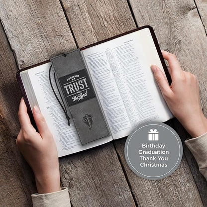 Christian Art Gifts Black Charcoal Gray Faux Leather Bookmark for Men: Trust in the Lord - Proverbs 3:5 Inspiring Bible Verse, Heat-debossed w/Silver Foil Accents Cross, Shield and Sturdy Leather Cord
