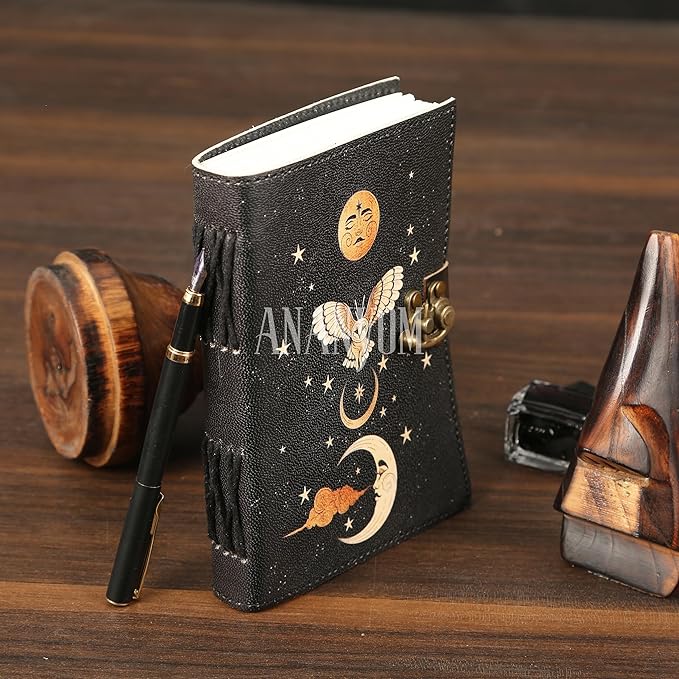 Handmade Leather Journal, Black, Sun & Moon Design, 8 x 6 Inch, 200 Unruled Pages, Hand Embossed, White Paper, Brass Clasp Lock, Vintage Notebook Diary, Sketchbook for Artists & Writers