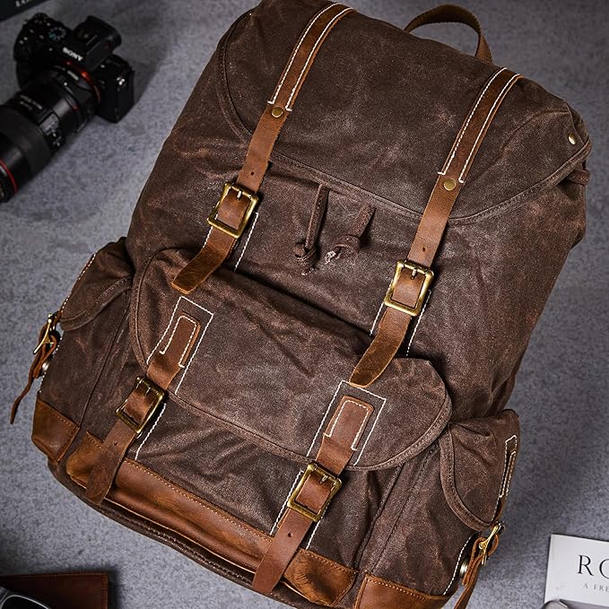 Backpack for Men Heavy Duty Waxed Canvas Vintage Women Trim Casual 15.6" laptop Travel Backpack-Coffee