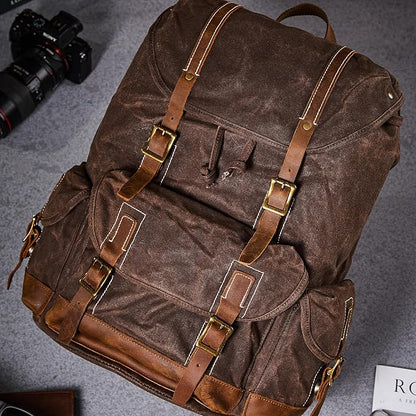 Backpack for Men Heavy Duty Waxed Canvas Vintage Women Trim Casual 15.6" laptop Travel Backpack-Coffee