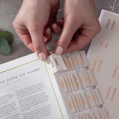 DiverseBee Laminated Bible Tabs (Copper Embossed Lettering), Bible Journaling Supplies, Bible Book Tabs, Christian Gift, 73 Bible Tabs for Women and Men, Includes 4 Blank Tabs (Alabaster)