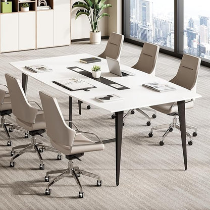 LITTLE TREE 8FT Conference Room Table, 94.48L x 47.21W x 29.52H Boat Shaped Meeting Table, White&Black