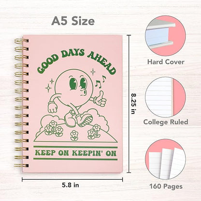 Pink Green Aesthetic Hardcover Notebooks for Work, A5 size 5.8 x 8.3 inch, Cute Notebooks for School 4 Pack, Retro Notebooks College Ruled, Cute Spiral Journal for Women, Kids Back to School Notebook