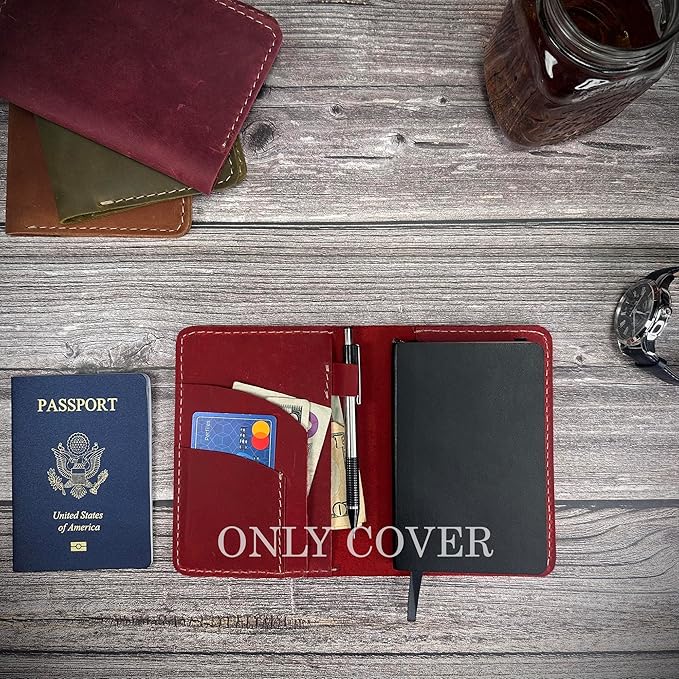 Leather Cover for Field Notes, Passport Cover, Leather Notebook Cover for 3.5" x 5.5" with Pen Holder, Only Cover (Red)