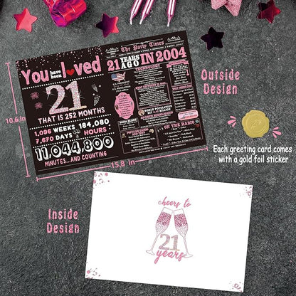 21st Birthday Gifts Decorations for Her - 21st Birthday Card & Party Supplies for Women, Large Birthday Card for 21 Year Old, Back in 2004 Birthday Card, Rose Pink Gold