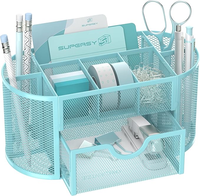 SUPEASY Mesh Desk Organizer, Desk Accessories & Workspace Organizers with Drawers, Pencil Holder for Desk with 9 Compartments for Office Suppliess, 8.6 x 4.3 x 4.1 Inch, Blue
