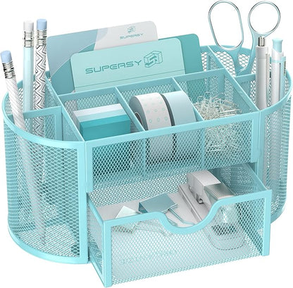 SUPEASY Mesh Desk Organizer, Desk Accessories & Workspace Organizers with Drawers, Pencil Holder for Desk with 9 Compartments for Office Suppliess, 8.6 x 4.3 x 4.1 Inch, Blue