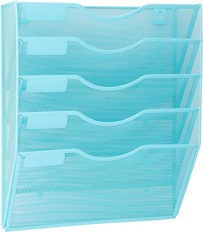 EASEPRES 5 Pocket Mesh Hanging Wall File Organizer, Wall Mounted Mail Paper Document Folder Holder, Clipboard Storage Organization Magazine Rack with Nametag Label for Office Home School, Blue