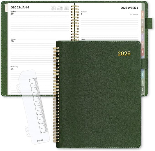 SUNEE 2026 Weekly & Monthly Planner 9"x11.2"- 12 Month (January 2026 - December 2026), Vegan Leather Cover, Pocket, Bookmark, Notes, Monthly Tab, Deep Green