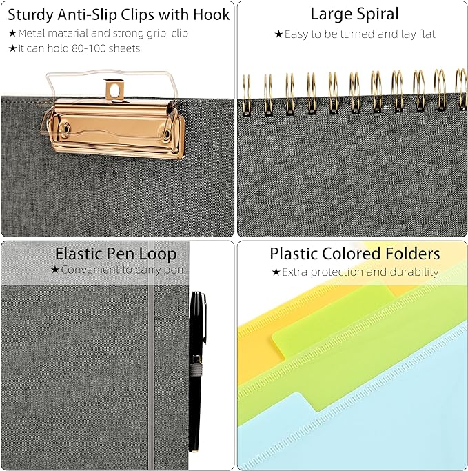 Ospelelf Foldable Spiral Clipboard Folio with Storage Zipper Pouch, 5 Plastic Folders with 10 Pockets,Refillable Lined Notepad (11" x 8.5"), Hardcover Project Organizer with 39 Stickers (Dark Grey)