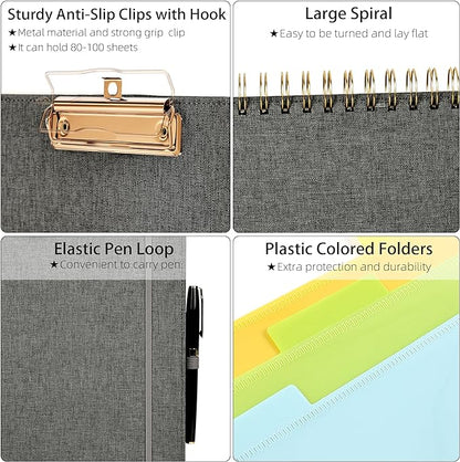 Ospelelf Foldable Spiral Clipboard Folio with Storage Zipper Pouch, 5 Plastic Folders with 10 Pockets,Refillable Lined Notepad (11" x 8.5"), Hardcover Project Organizer with 39 Stickers (Dark Grey)