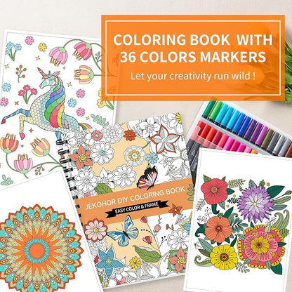 Adult Coloring Book Set,Spiral Bound Coloring Book for Adults Relaxation with 36 Colors Markers, Anxiety Relief Gifts with 30 Patterns Included Mandala Animal Flowers