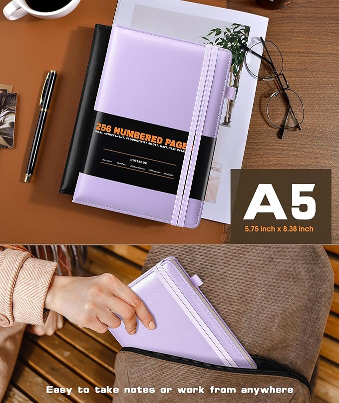 Lined Journal Notebook for Women Men, 256 Numbered Pages Hardcover Leather Journals for Writing, A5 Journaling Notebooks, College Ruled Journal for Business Work School 5.75" x 8.38" Purple