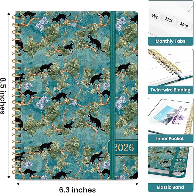 2026 Planner, Aesthetic Weekly and Monthly Planner for Women, Jan 2026 to Dec 2026, Hardcover 2026 Calendar Book with Monthly Tabs, Inner Pocket, Perfect for Office Home School - A5 (6.3" x 8.5"), Cats in Vine
