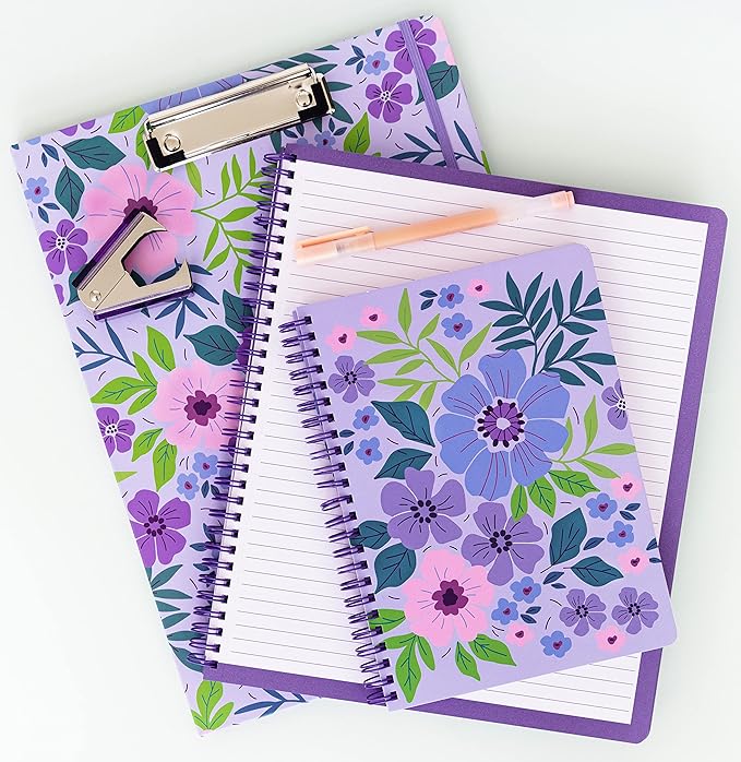 Steel Mill & Co Cute Mini Spiral Notebook, 8.25" x 6.25" Journal with Durable Hardcover and 160 Lined Pages, Lilac Floral