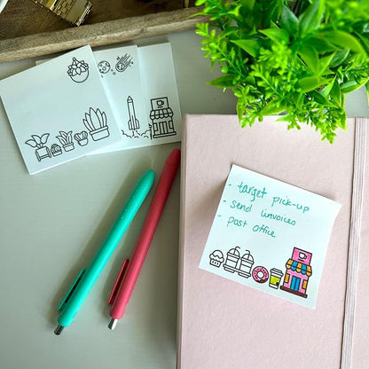 A Brighter Year Color Your Own Post-It Notes Bundle - 3 Sticky Note Pads - 3” x 3” Self Stick Notes - Coffee, Plant, & Space Themes -School, Office, Home, Travel, Notebook - Relaxation, Stress Relief