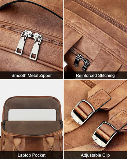 MASINTOR 15.6 inch PU Leather Laptop Backpack Purse for Women, Large College Casual Backpack Travel Bag Mocha Brown